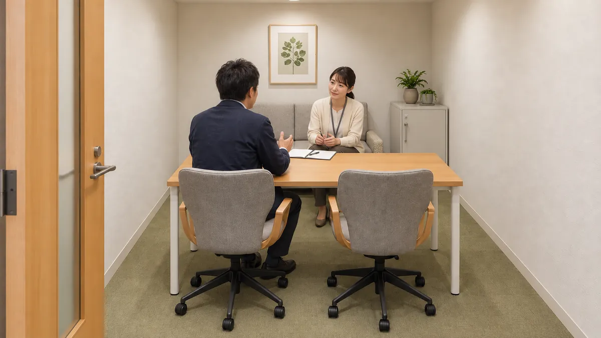 相談室で、職員が向かい合って話を聞く様子のイメージ