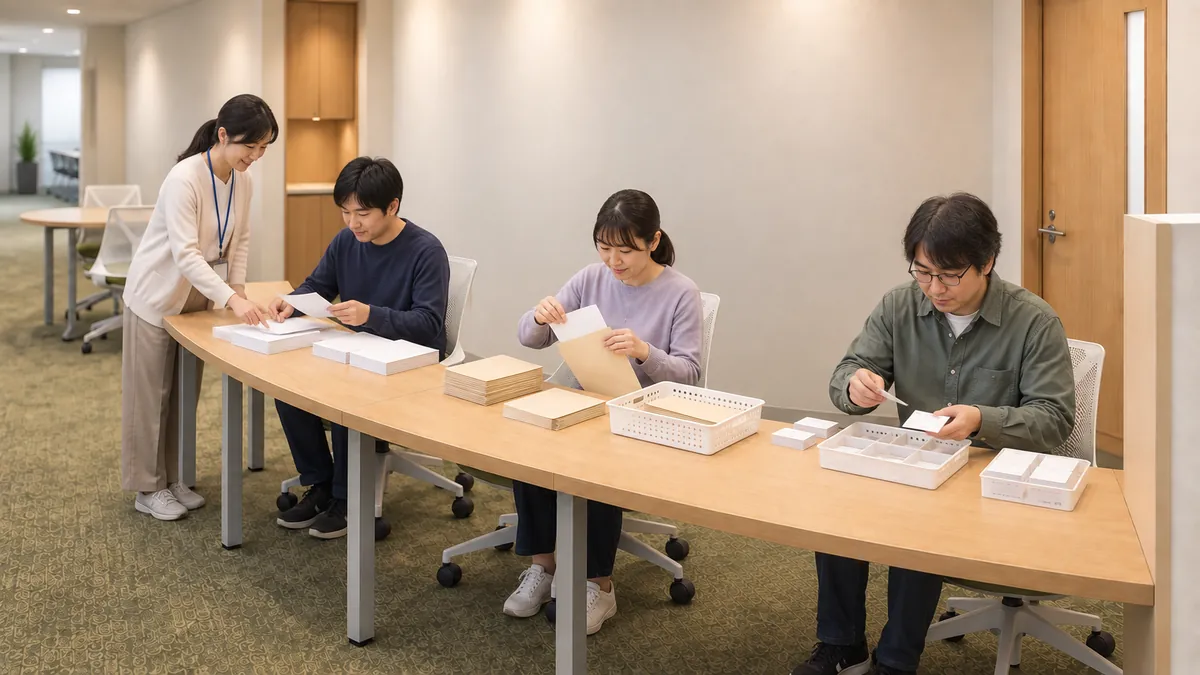 職員がそばで声をかけながら、利用者が封入や仕分けの作業をする様子のイメージ