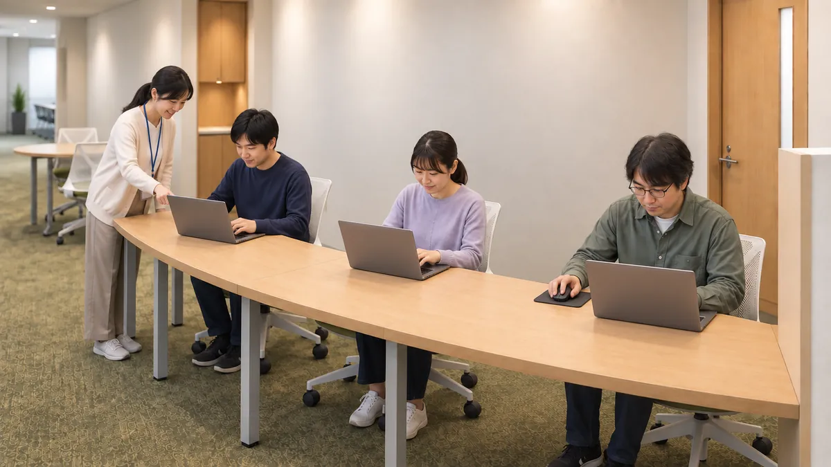 職員がそばで手順を確認しながら、ノートパソコンで作業する様子のイメージ